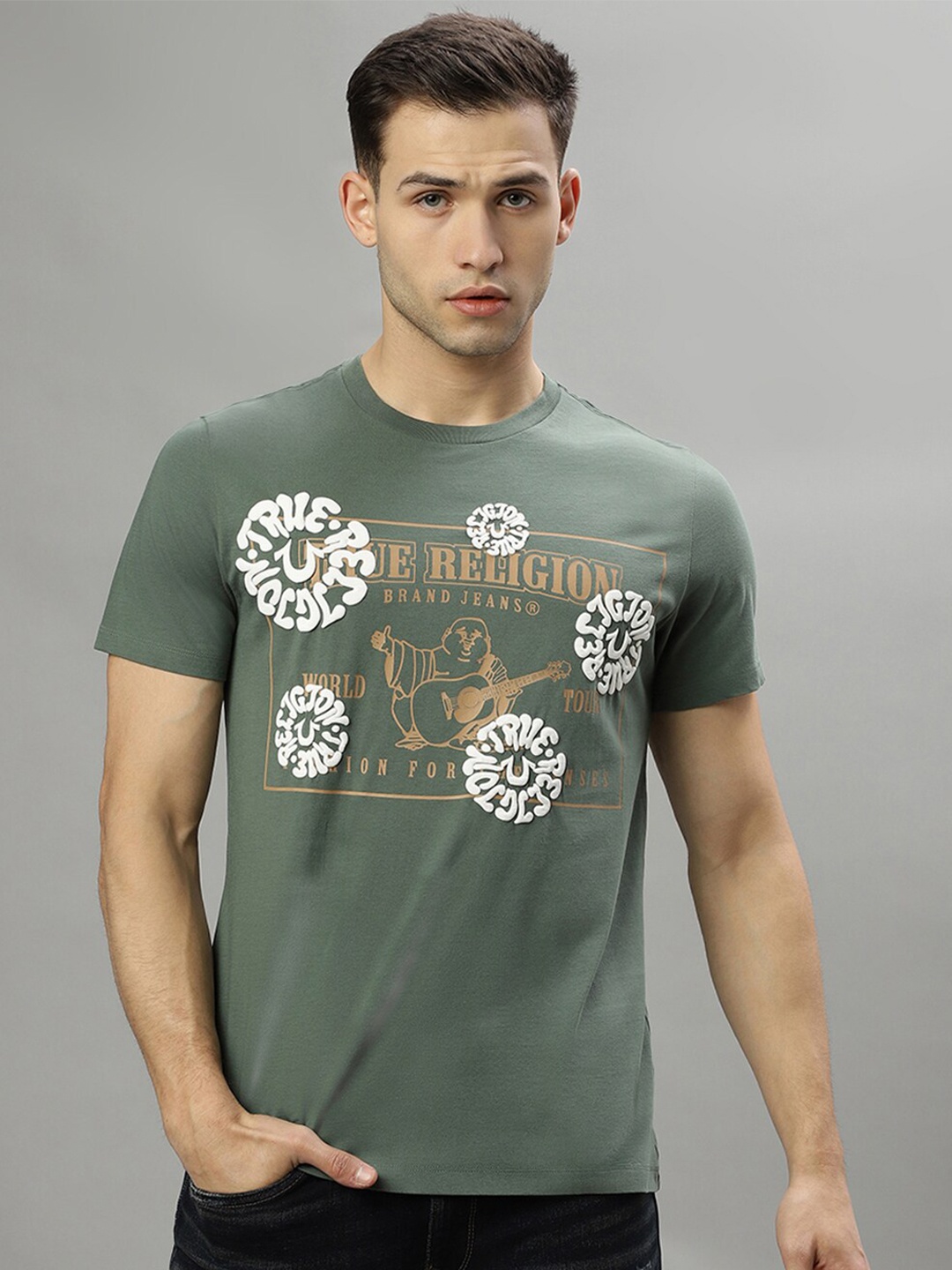 

True Religion Typography Printed Round Neck Pure Cotton T-shirt, Green