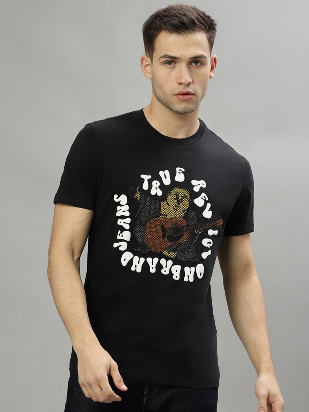 

True Religion Typography Printed Round Neck Pure Cotton T-shirt, Black
