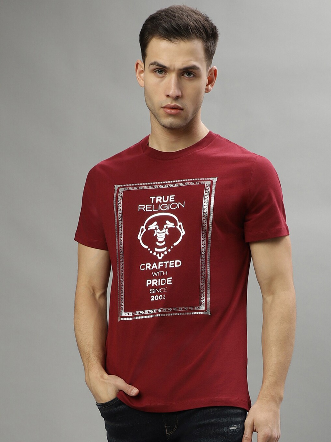 

True Religion Typography Printed Round Neck Pure Cotton T-shirt, Red