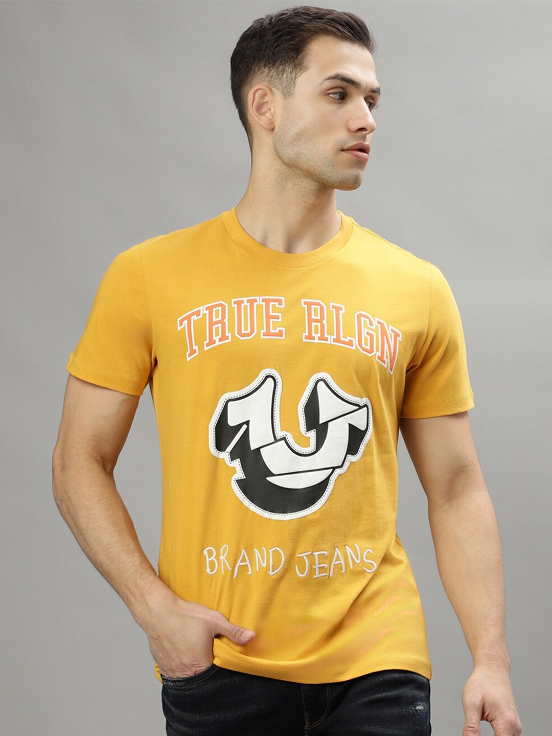 

True Religion Brand Logo Printed Round Neck Pure Cotton T-shirt, Yellow