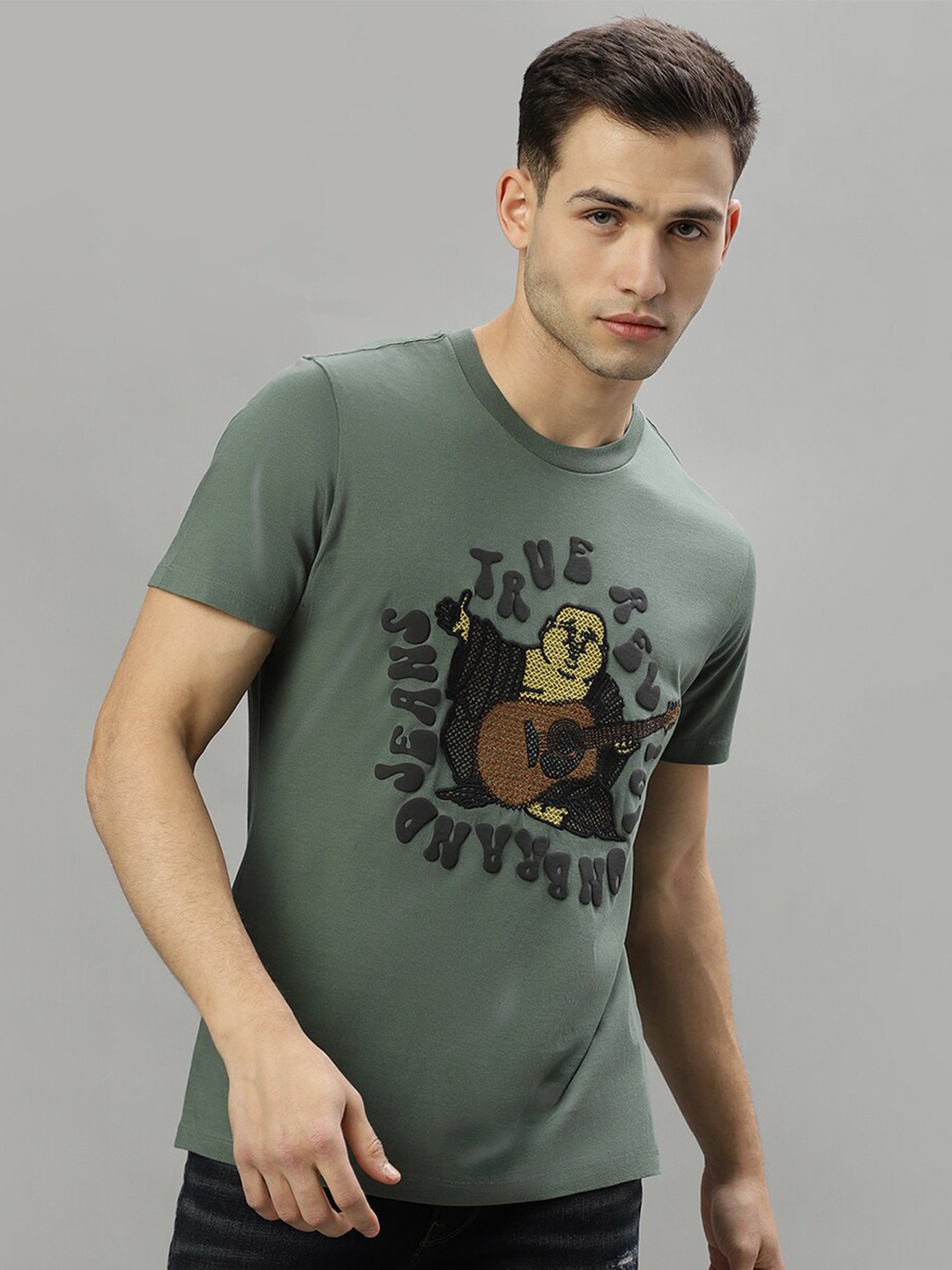 

True Religion Graphic Embroidered Round Neck Pure Cotton T-shirt, Green