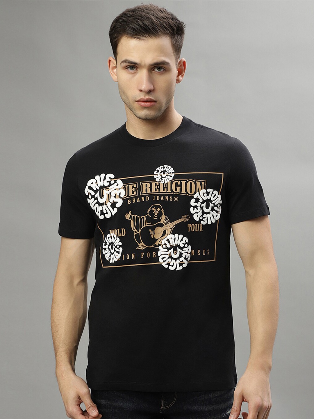 

True Religion Typography Printed Round Neck Pure Cotton T-shirt, Black