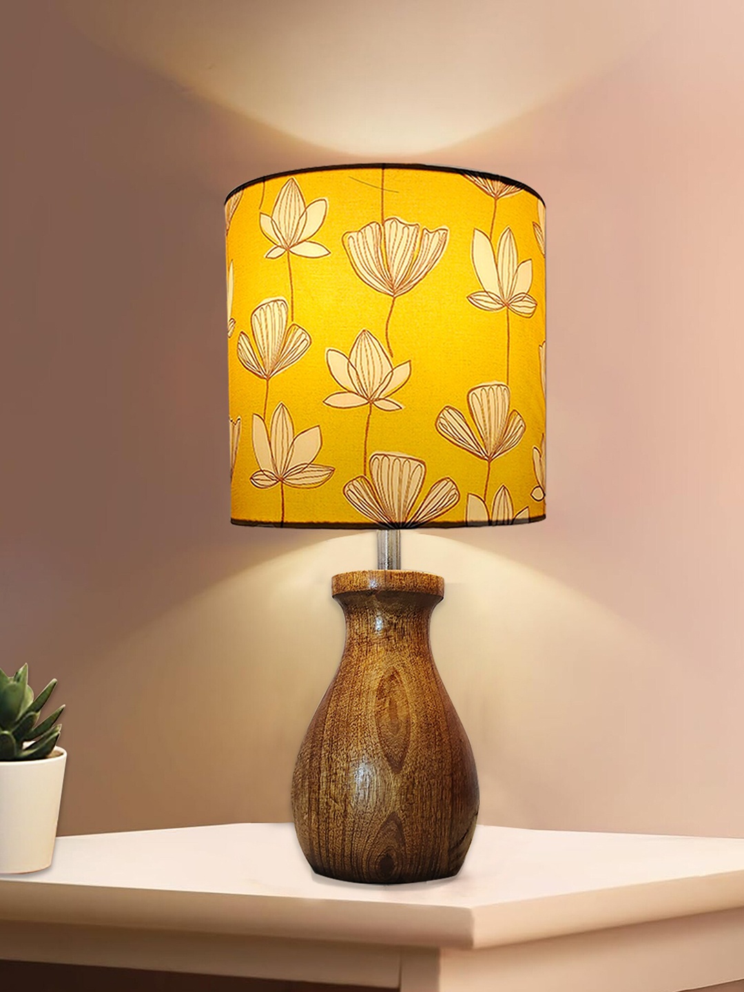 

Homesake Brown & Yellow Printed Cylinder Wooden Table Lamp