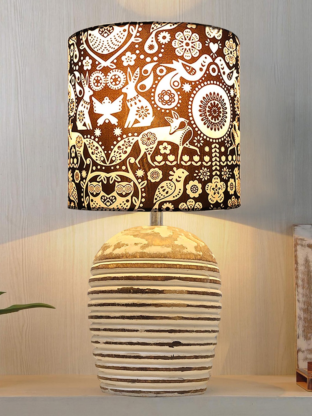 

Homesake Brown & White Printed Cylinder Wooden Table Lamp