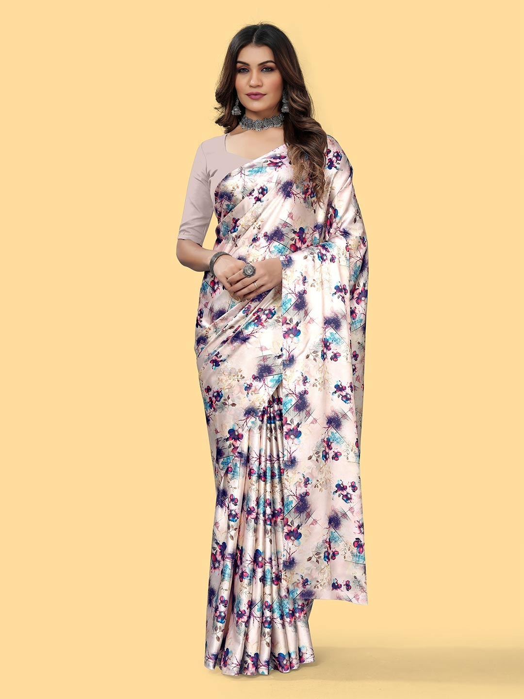 

DIVASTRI Printed Satin Saree, Beige