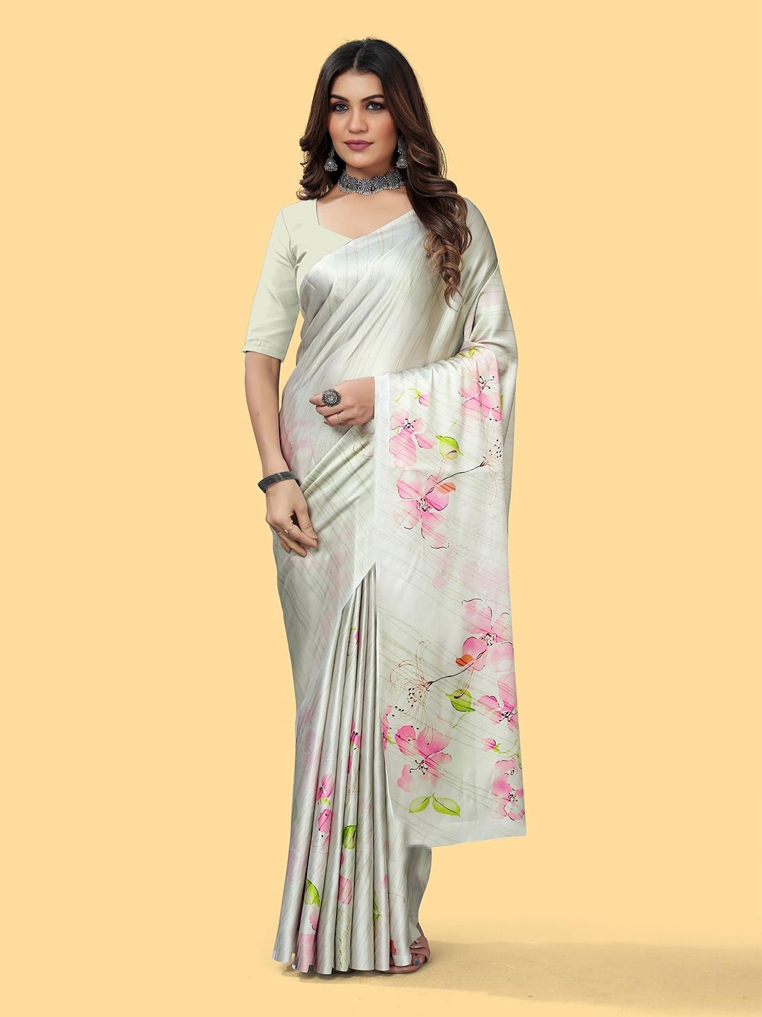 

DIVASTRI Floral Printed Satin Saree, Grey