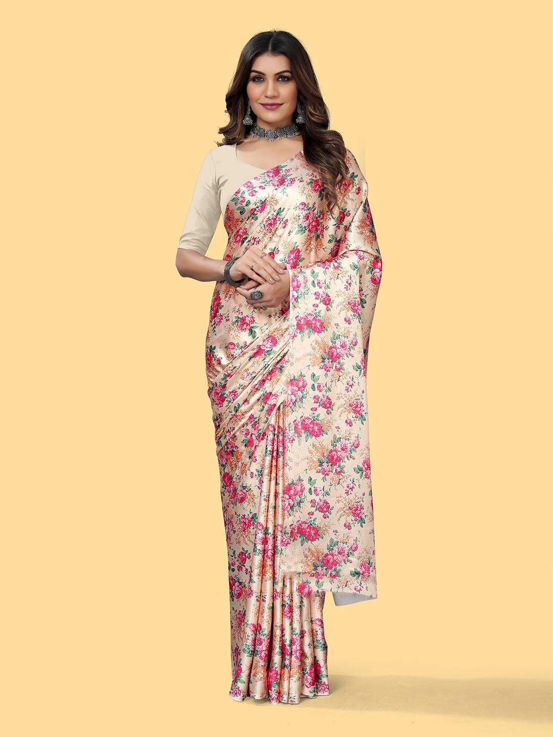 

DIVASTRI Floral Printed Satin Jamdani Saree, Cream