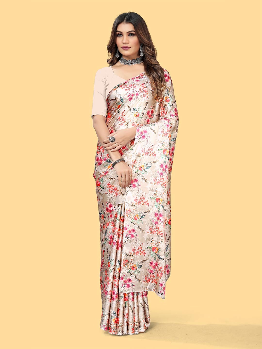 

DIVASTRI Floral Printed Satin Jamdani Saree, Beige