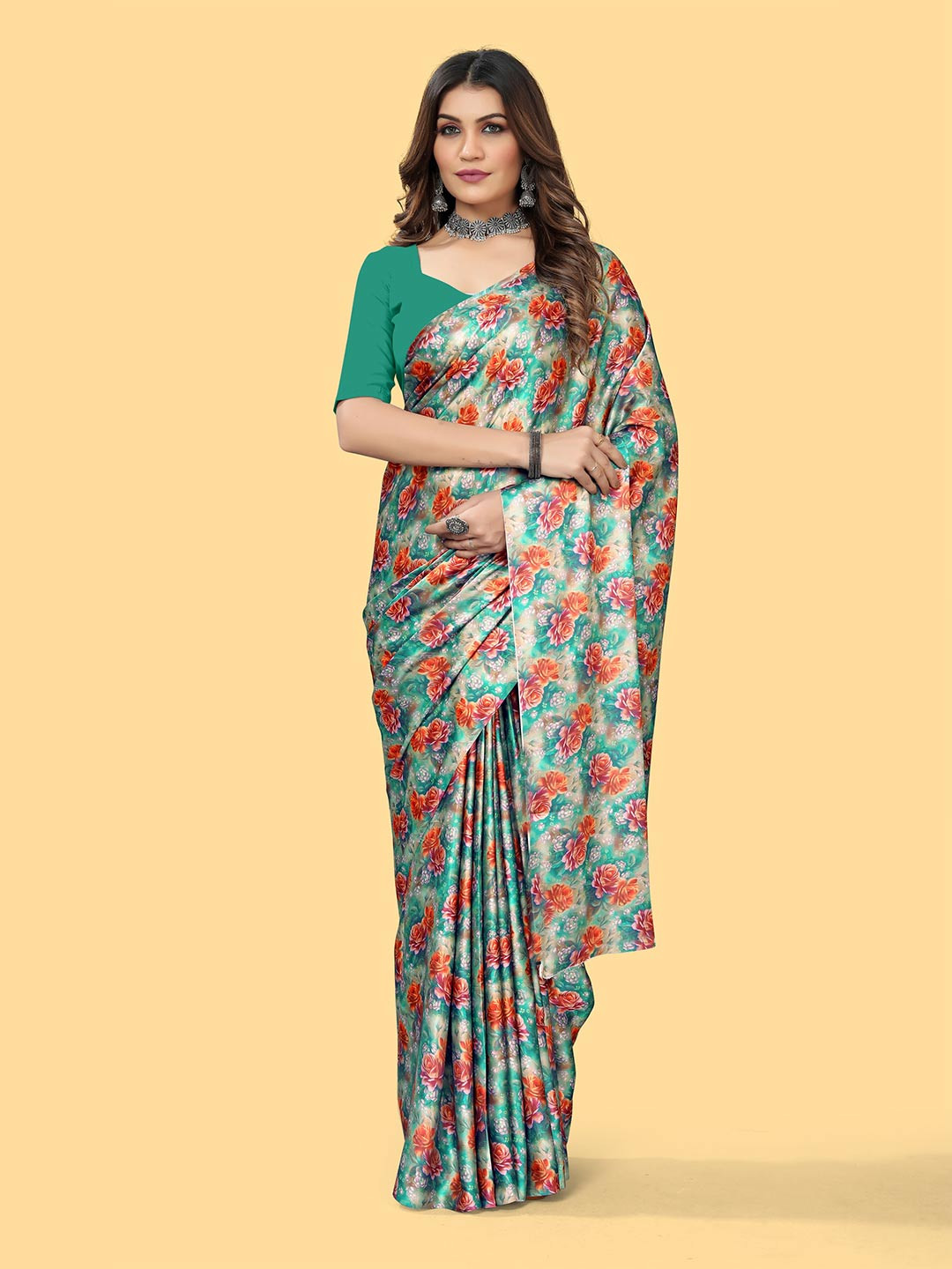 

DIVASTRI Floral Printed Satin Saree, Olive