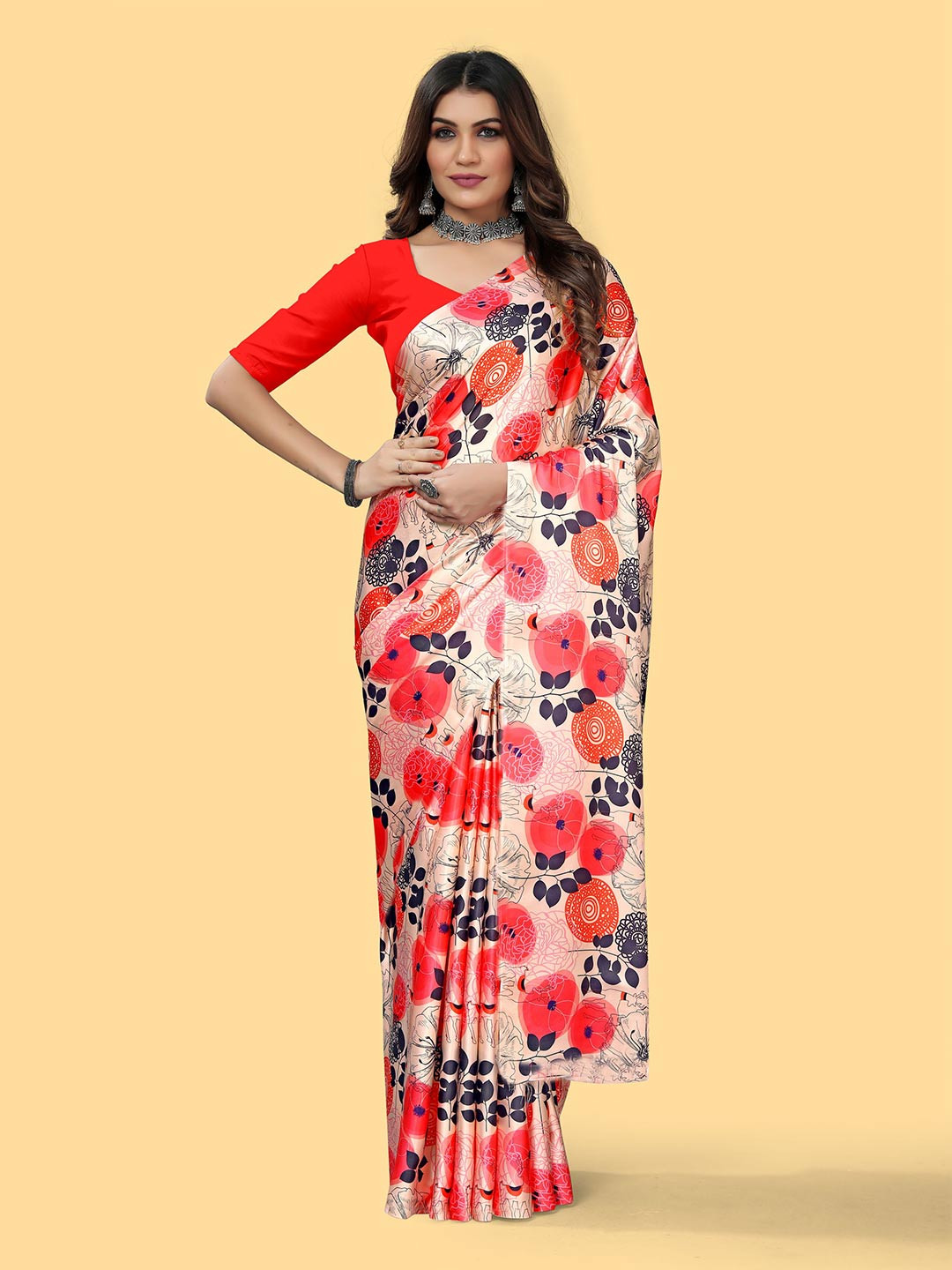 

DIVASTRI Floral Printed Satin Jamdani Saree, Pink