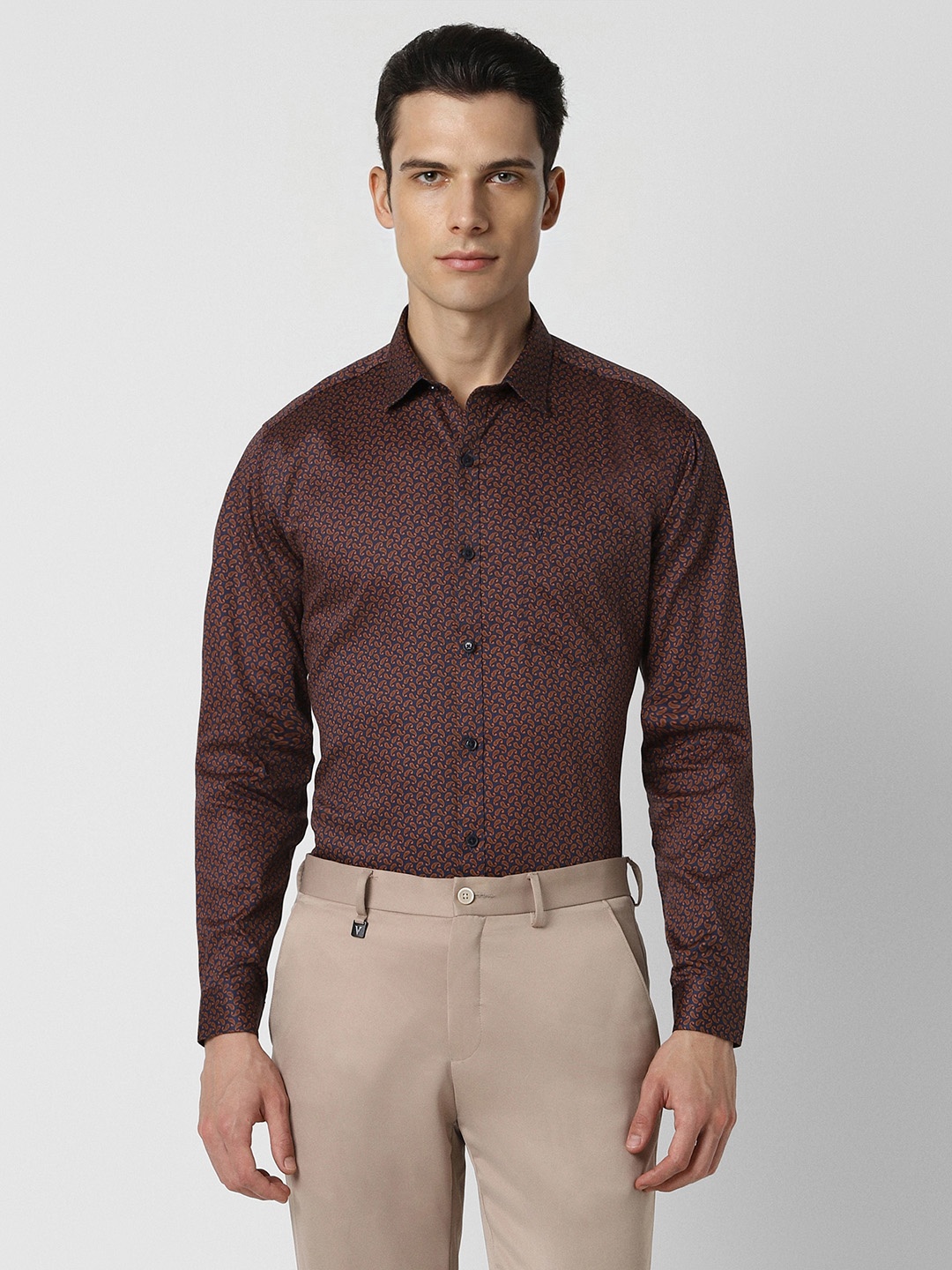 

V Dot Slim Fit Printed Spread Collar Long Sleeves Party Shirt, Brown