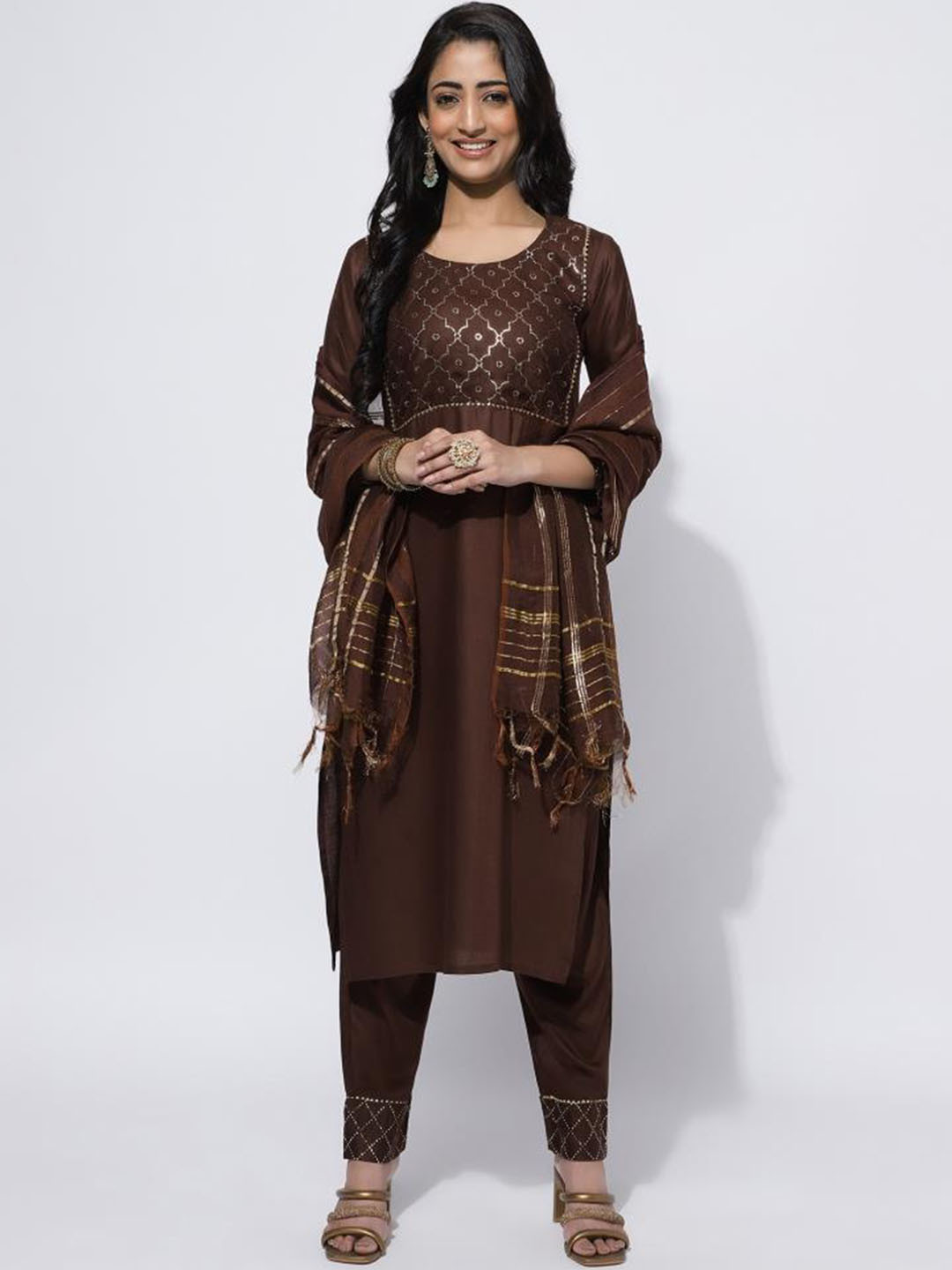 

Twika Women Round Neck Gotta Patti Printed Regular Kurta with Trouser & With Dupatta, Coffee brown