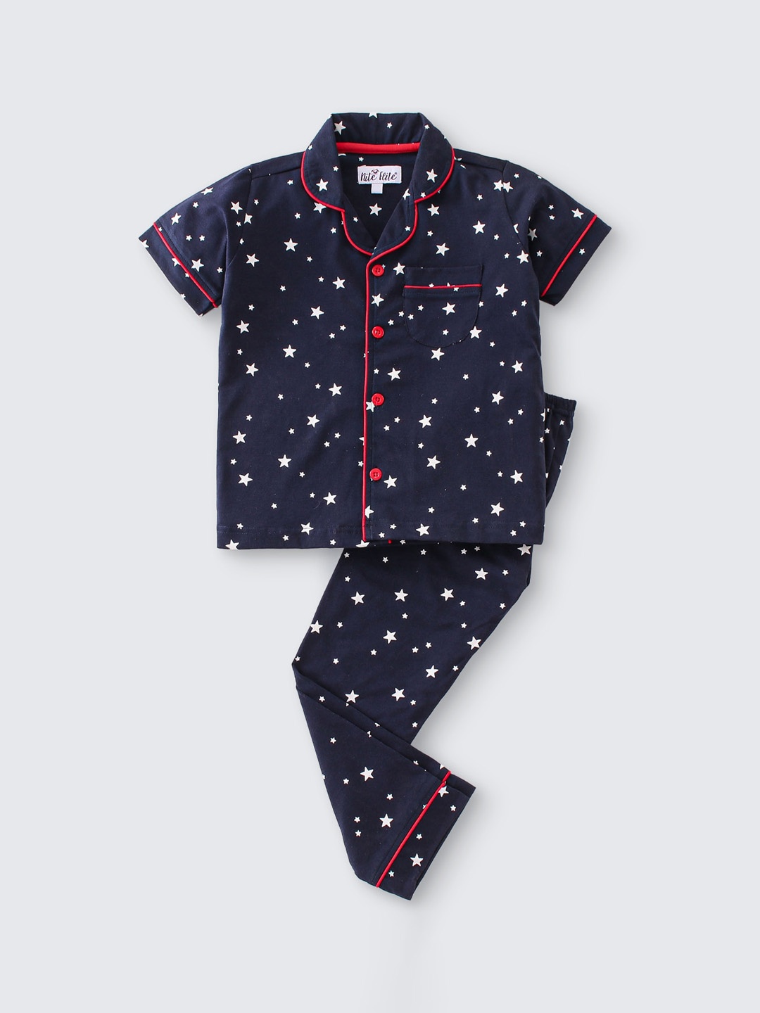 

Nite Flite Girls Geometric Printed Lapel Collar Pure Cotton Night suit, Navy blue