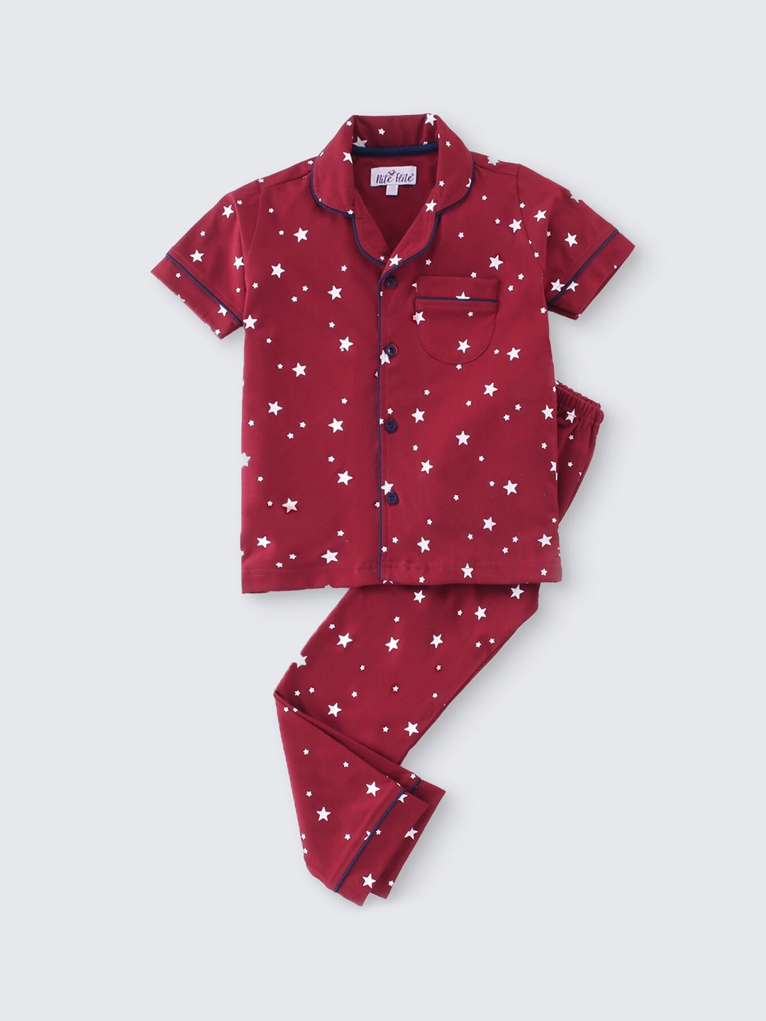 

Nite Flite Kids Graphic Printed Lapel Collar Pure Cotton Shirt With Pyjamas, Red