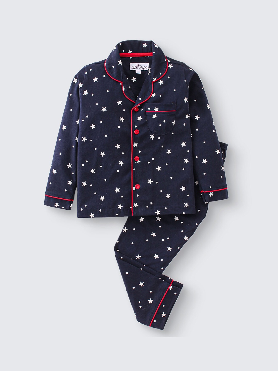 

Nite Flite Kids Conversational Printed Lapel Collar Pure Cotton Shirt With Pyjamas, Navy blue