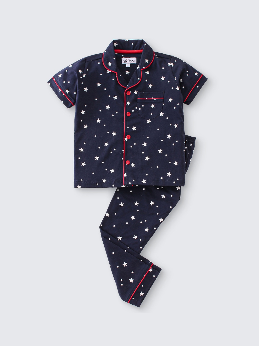 

Nite Flite Kids Geometric Printed Lapel Collar Pure Cotton Shirt With Pyjamas, Navy blue