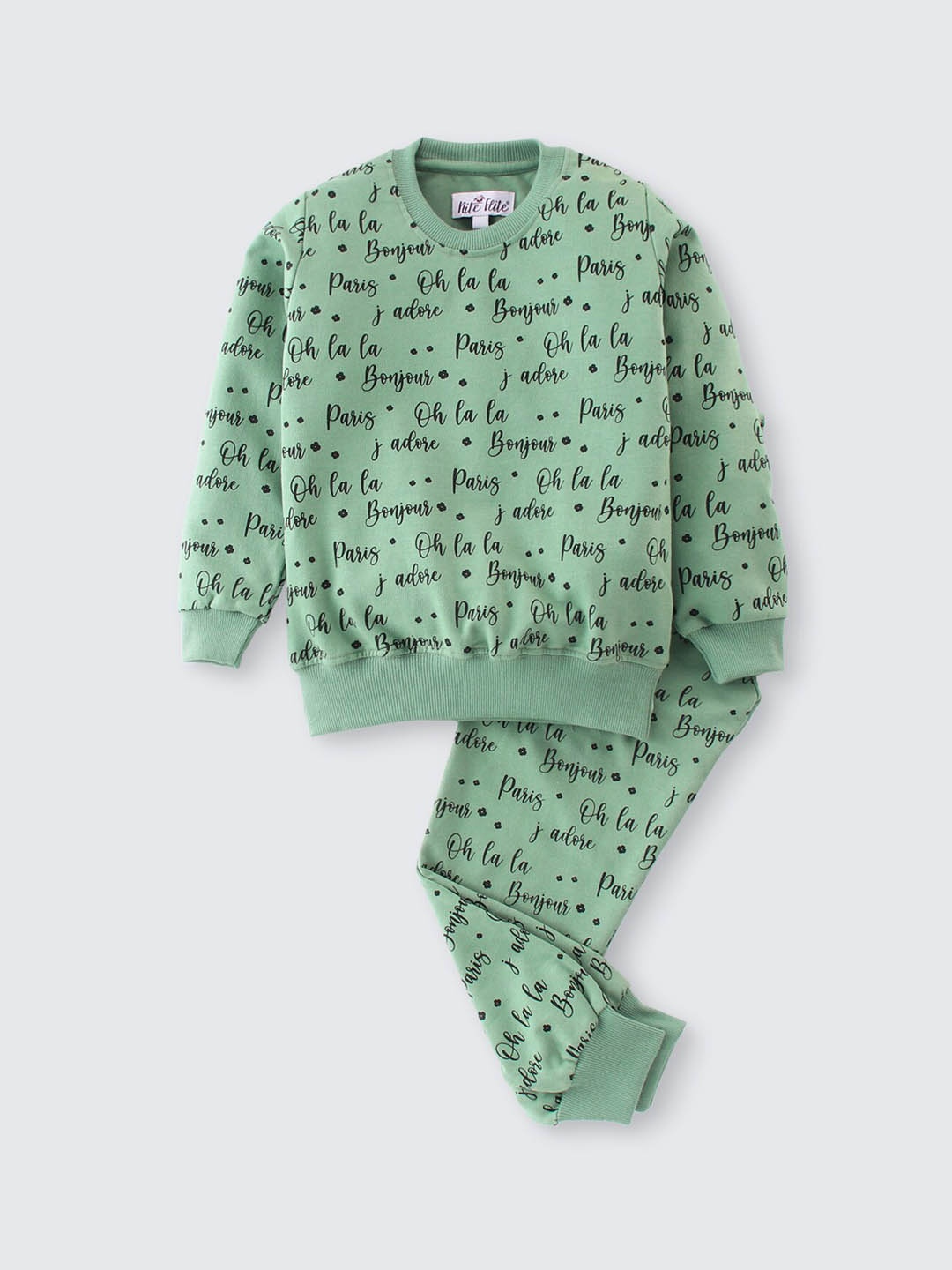 

Nite Flite Kids Typography Printed Pure Cotton T-shirt With Pyjamas, Green