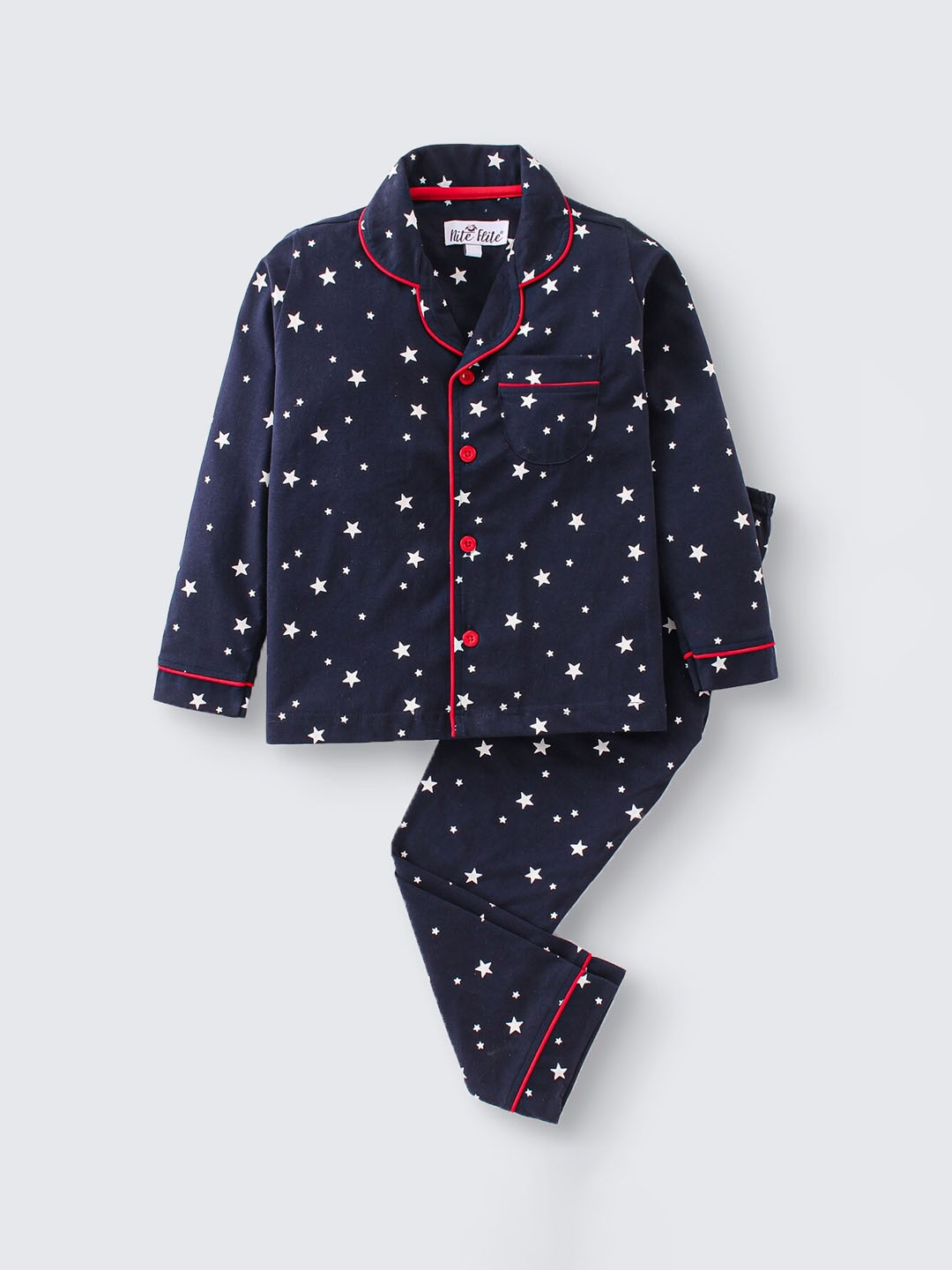 

Nite Flite Kids Graphic Printed Lapel Collar Pure Cotton Shirt With Pyjamas, Navy blue