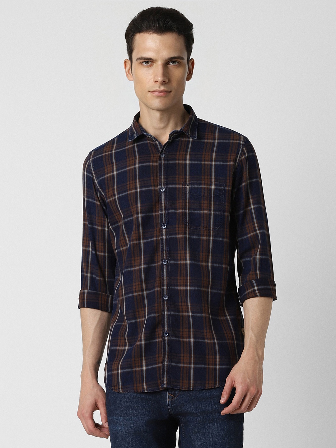 

VAN HEUSEN DENIM LABS Men Navy Blue Slim Fit Checked Casual Shirt