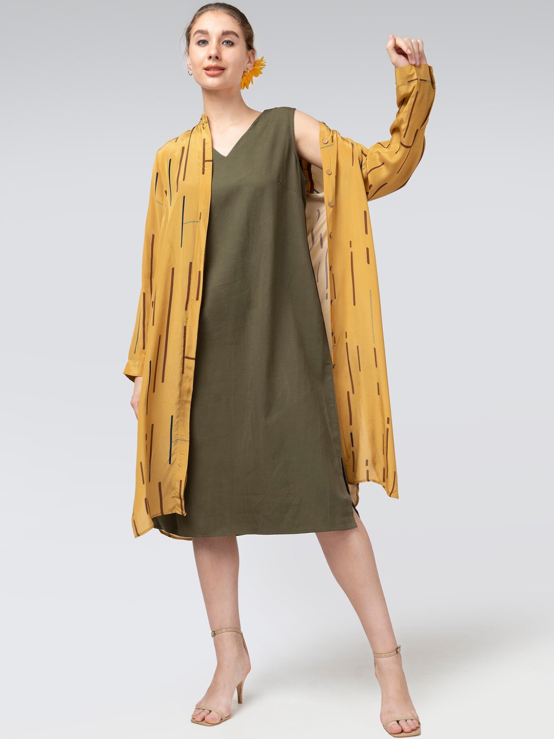 

Saltpetre Organic Cotton A line Dress With Shrug, Olive