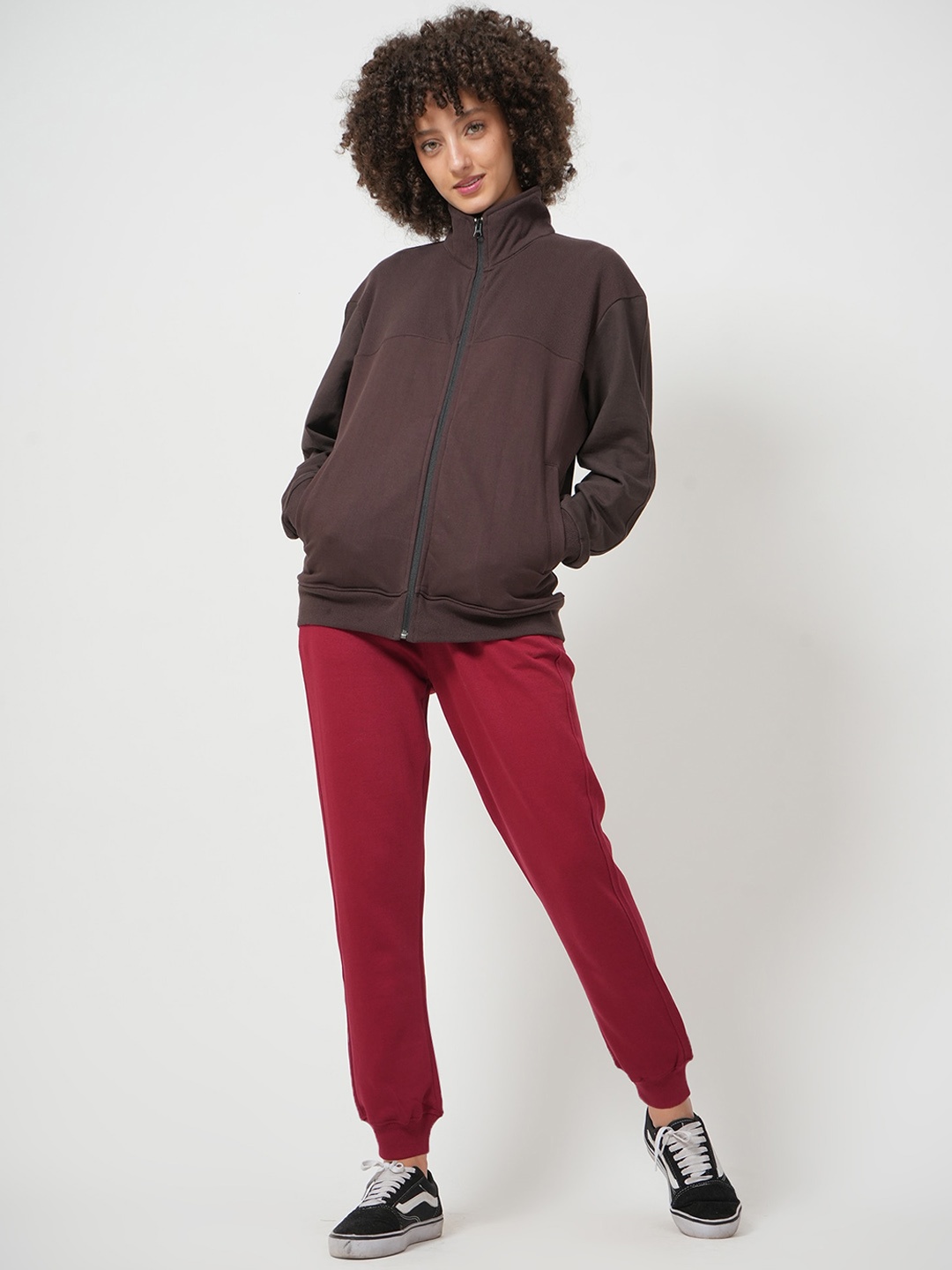 

Saltpetre Organic Cotton High Neck Zipper Jacket with Ribbed Joggers, Coffee brown