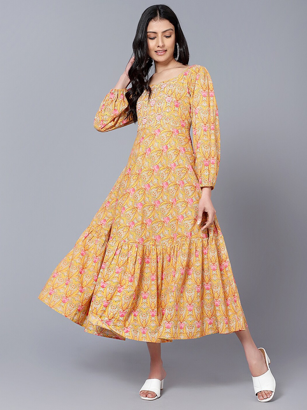 

BAESD Floral Cotton Round Neck Puff Sleeve Opaque A-Line Midi Dress, Yellow