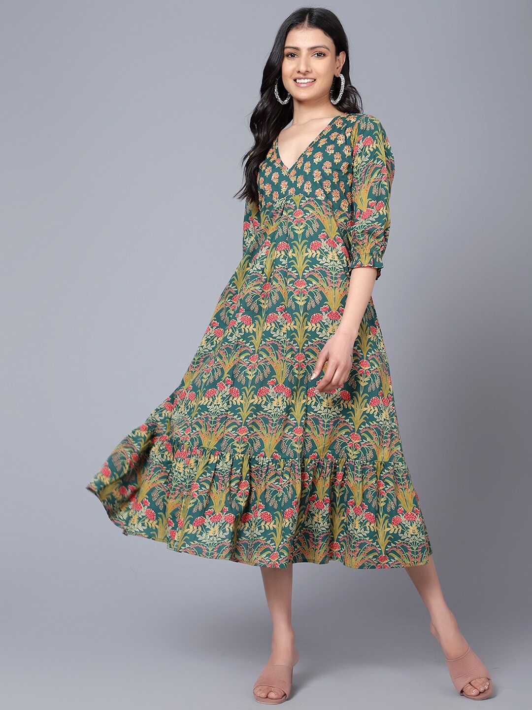 

BAESD Floral Printed V-Neck Puff Sleeve Opaque A-Line Midi Dress, Green