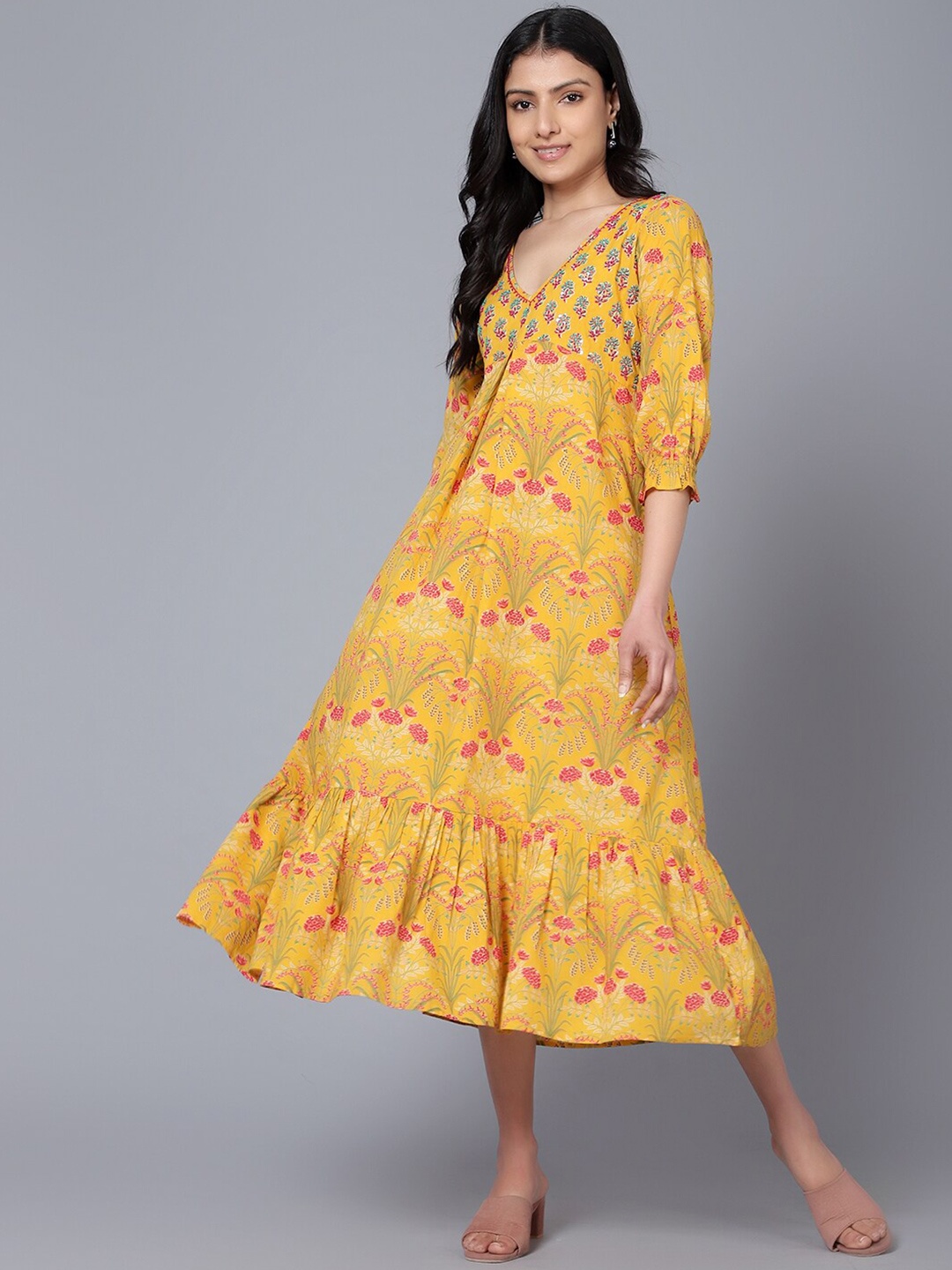 

BAESD Floral Printed Cotton V-Neck Puff Sleeve A-Line Midi Dress, Mustard