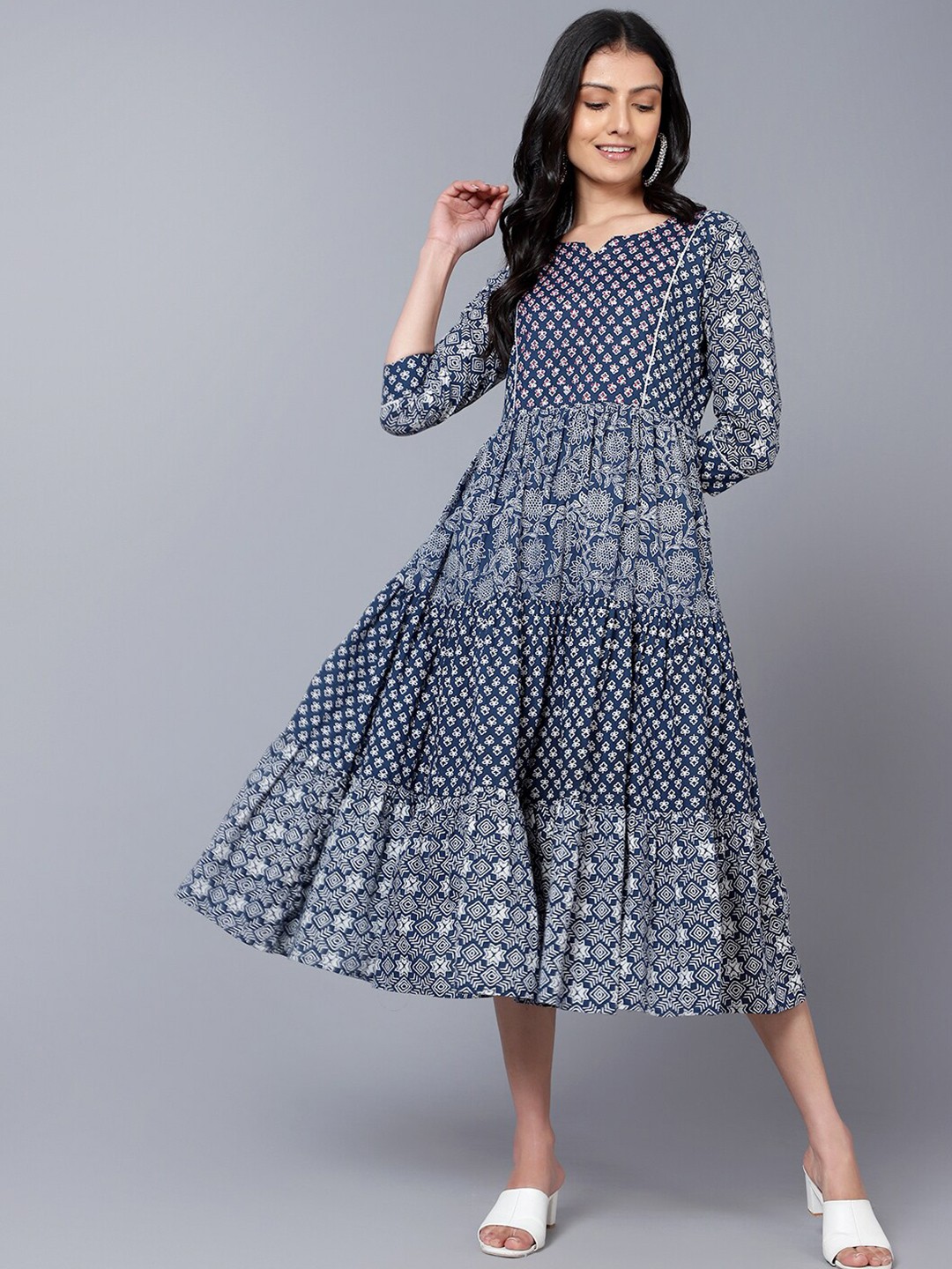 

BAESD Ethnic Motifs Printed Cotton Notch Neck Fit & Flare Opaque Midi Dress, Blue