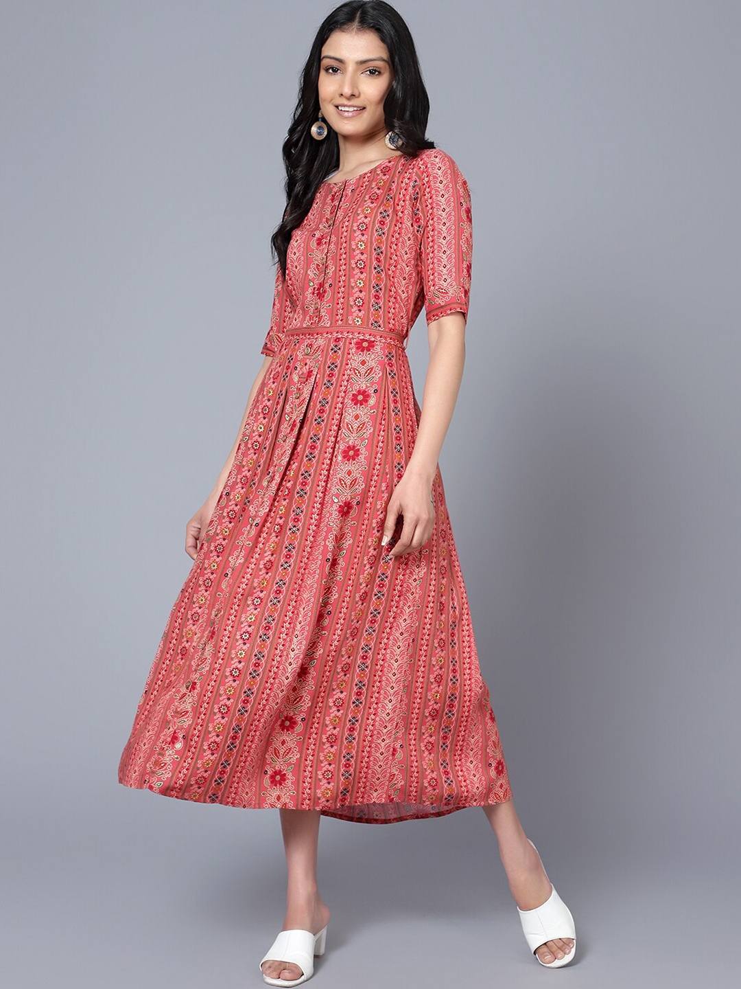 

BAESD Ethnic Motifs Printed Liva Round Neck A-Line Opaque Midi Dress, Peach