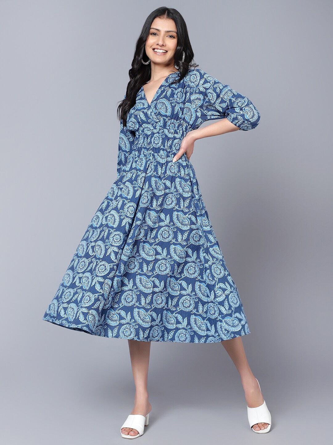 

BAESD Printed Puff Sleeve Cotton A-Line Midi Dress, Blue