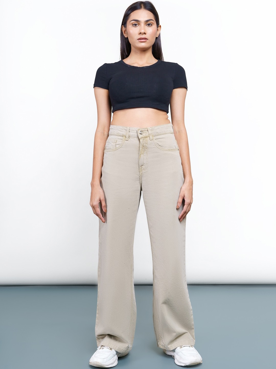 

FREAKINS Women Beige Wide Leg High-Rise Jeans