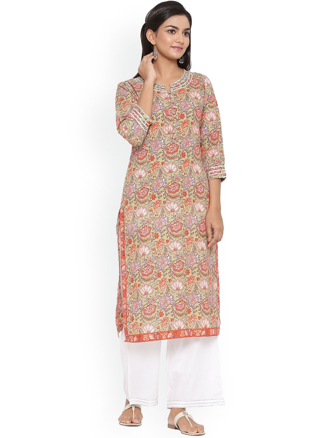 

mirari FLORAL JAAL PRINTED COTTON KURTI, Green