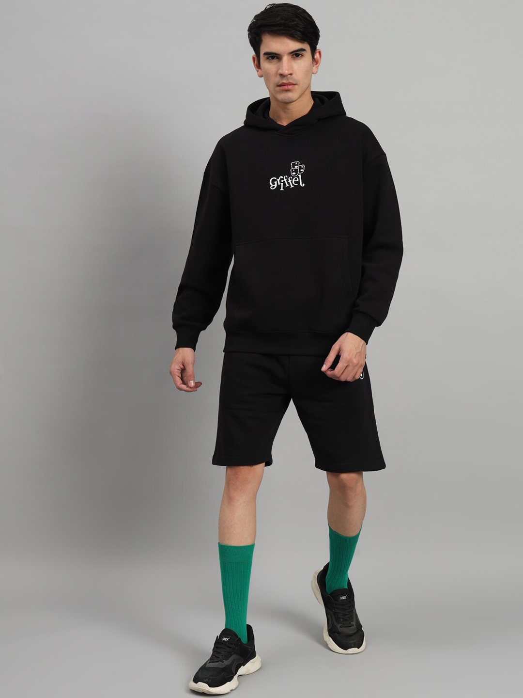 

GRIFFEL Hooded Fleece Cotton Sweatshirt With Shorts, Black