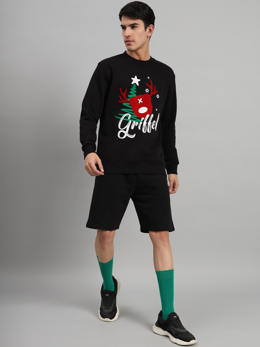 

GRIFFEL Graphic Printed Round Neck Fleece Cotton Sweatshirt With Shorts, Black
