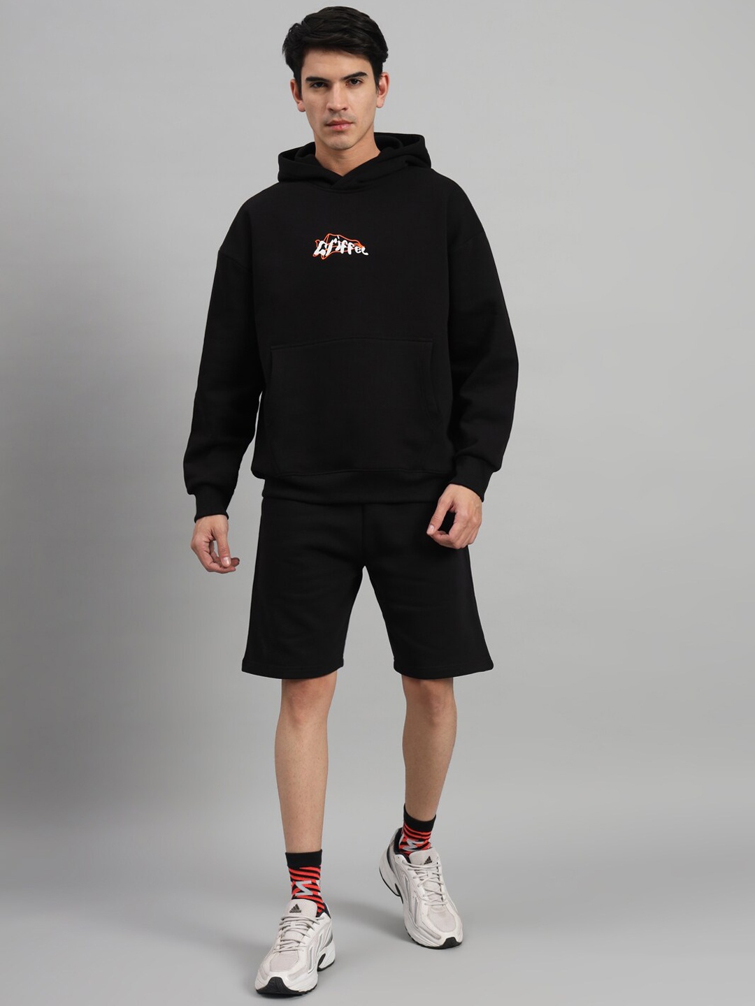 

GRIFFEL Hooded Fleece Cotton Sweatshirt With Shorts, Black