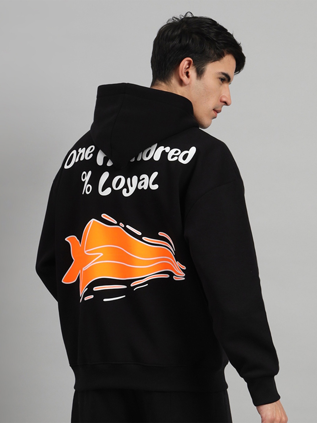

GRIFFEL Typography Printed Long Sleeves Hooded Oversized Fleece Pullover, Black