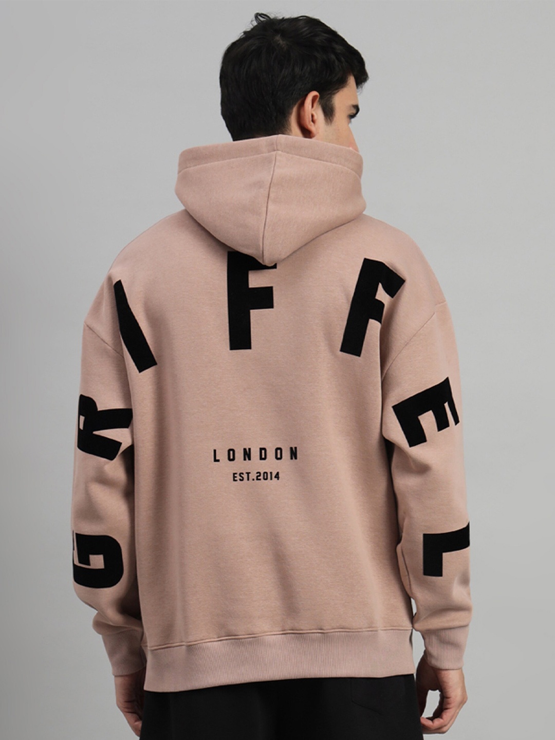

GRIFFEL Typography Printed Hooded Fleece Oversized Pullover, Beige