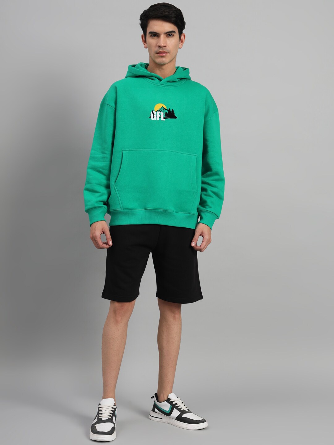 

GRIFFEL Hooded Fleece Cotton Sweatshirt With Shorts, Green