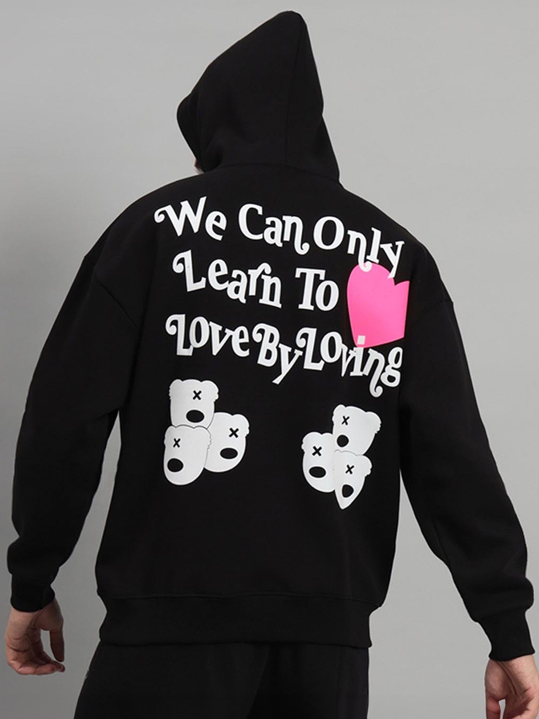 

GRIFFEL Typography Printed Hooded Fleece Oversized Pullover, Black