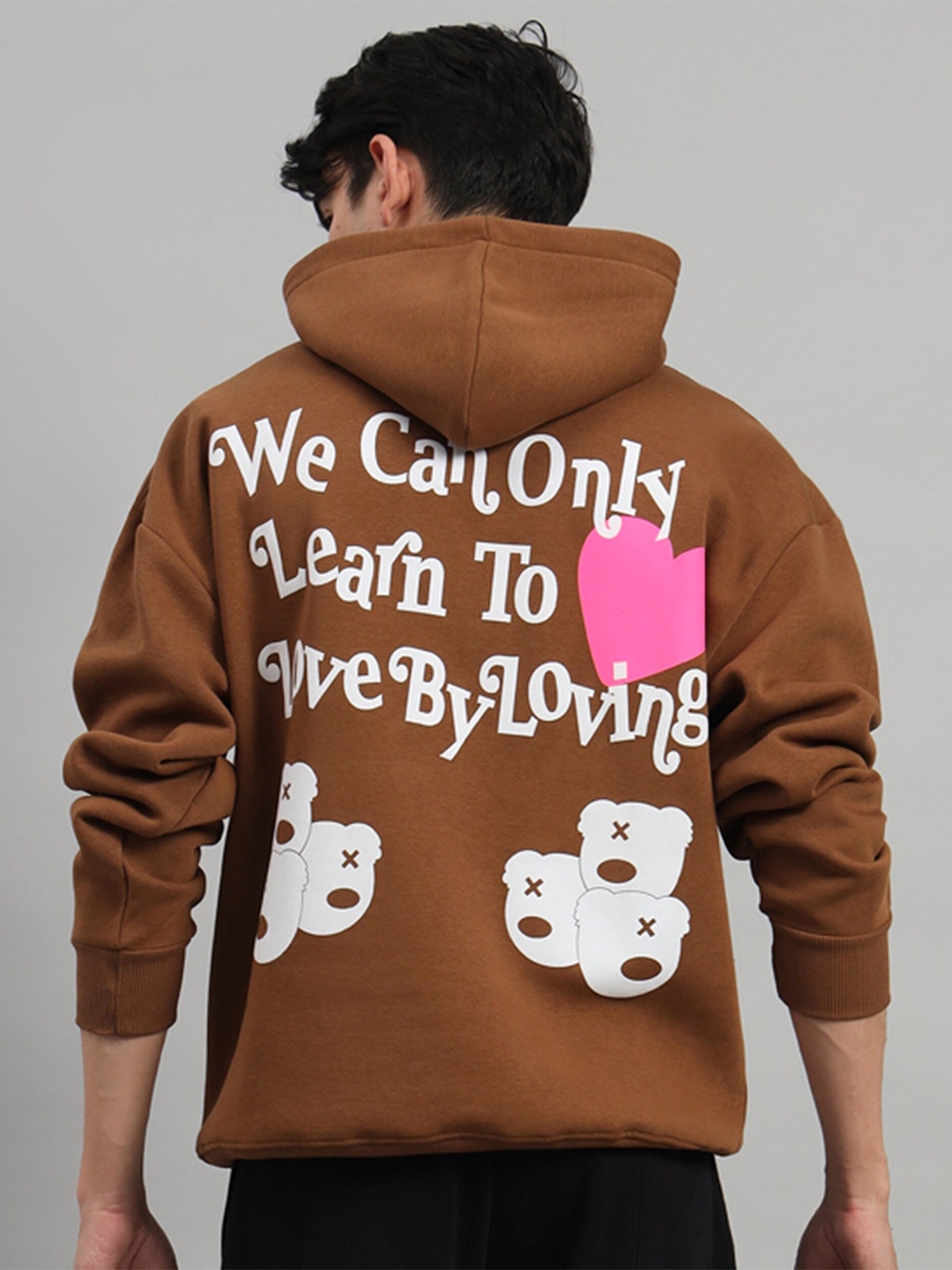 

GRIFFEL Typography Printed Long Sleeves Hooded Oversized Fleece Pullover, Brown