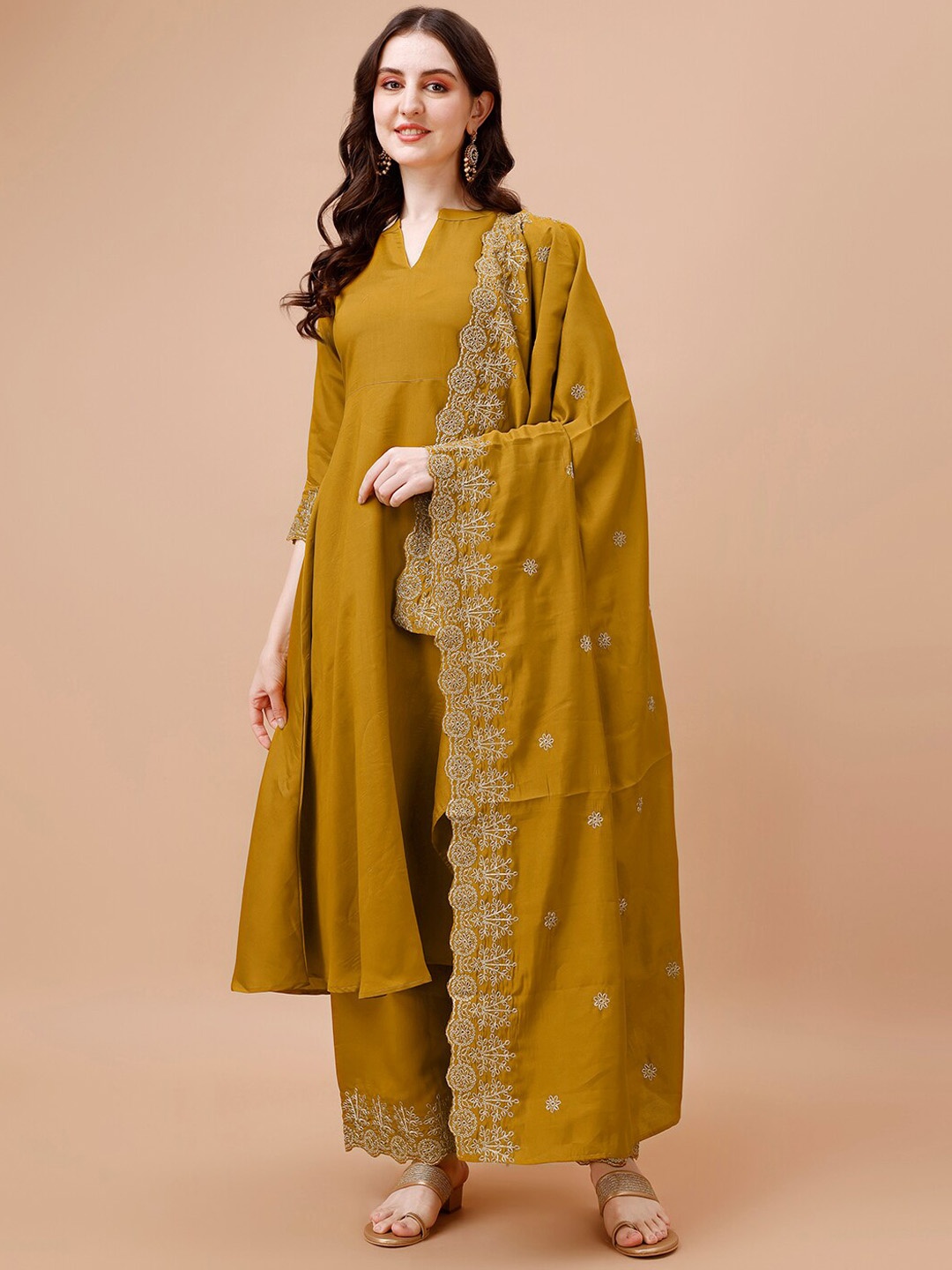 

KALINI Mandarin Collar Ethnic Embroidered Anarkali Kurta with Palazzos & Dupatta, Yellow