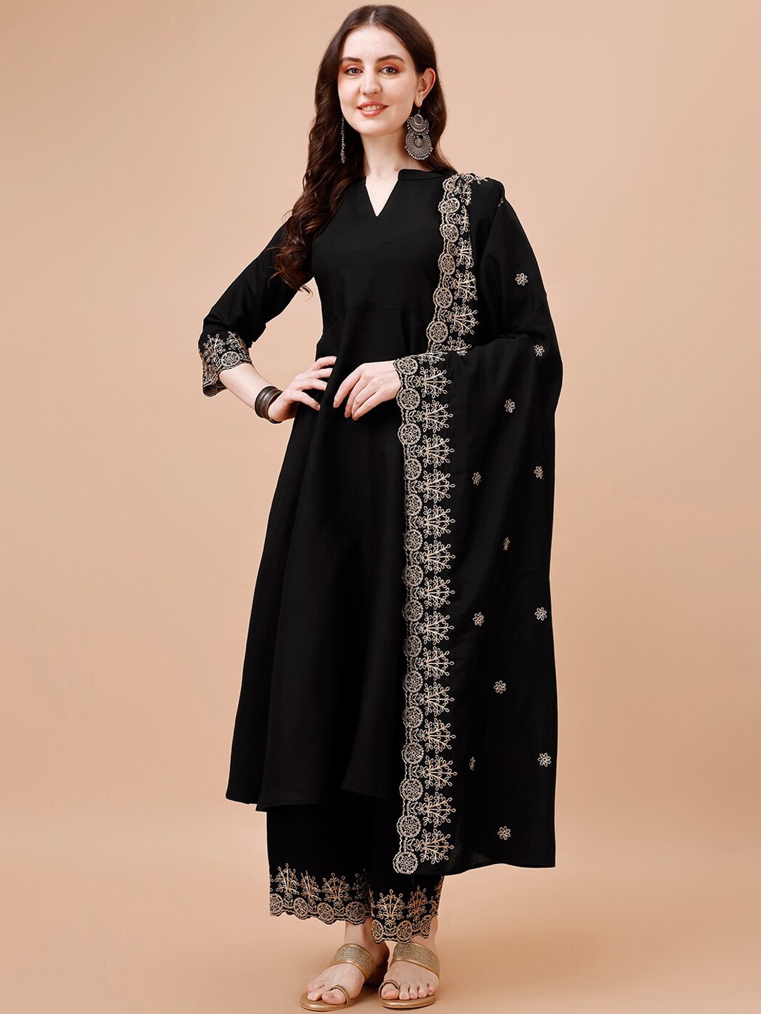 

KALINI Ethnic Motifs Zari Embroidered Band Collar Anarkali Kurta With Palazzo & Dupatta, Black