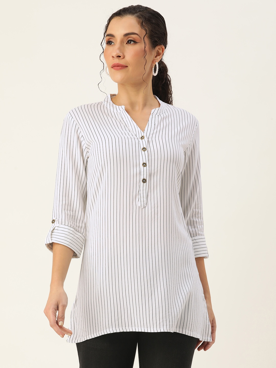 

AMUKTI Striped Mandarin Collar Tunic, White