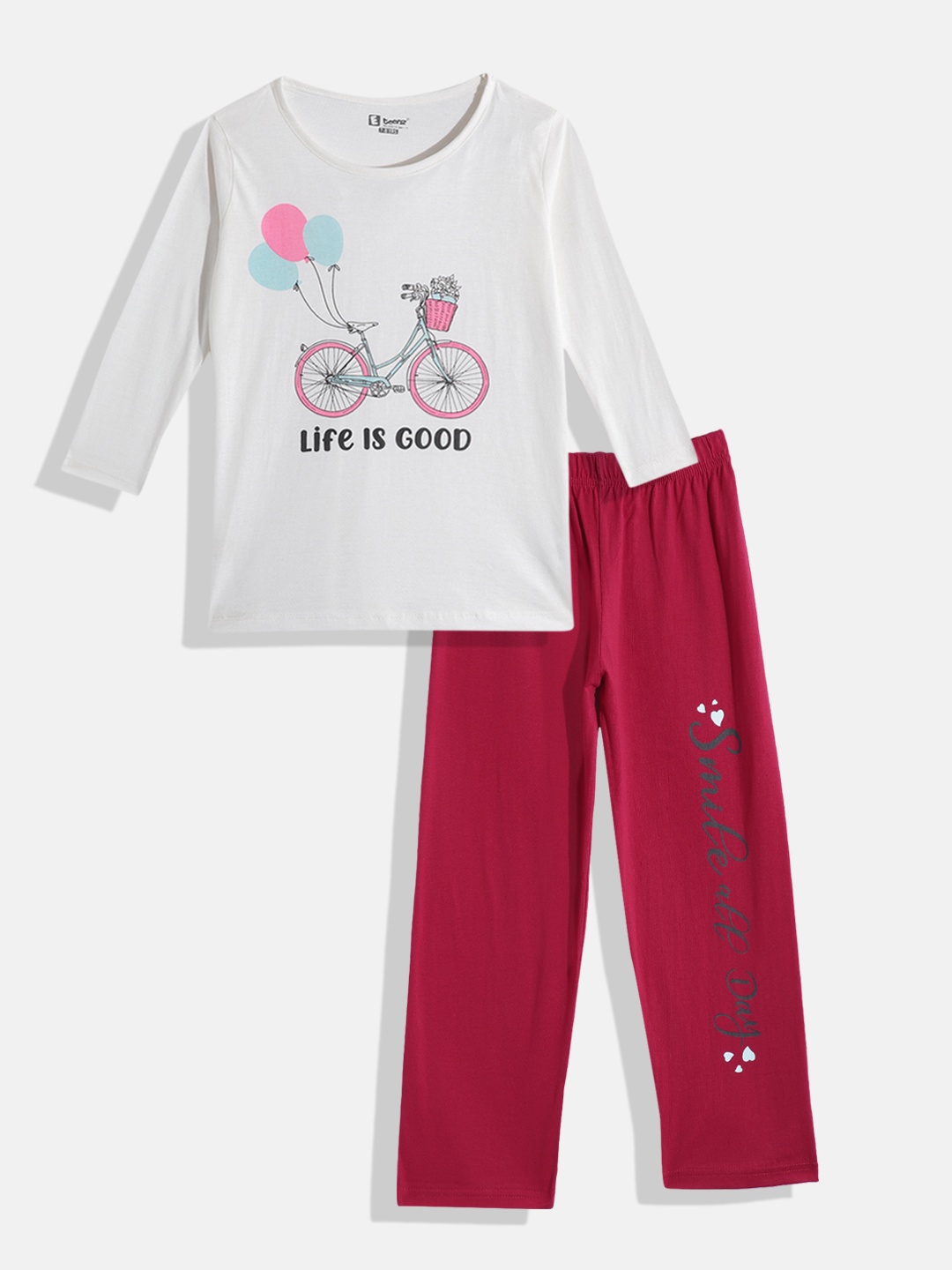 Eteenz Boys Premium Cotton Printed T-shirt with Pyjamas, White