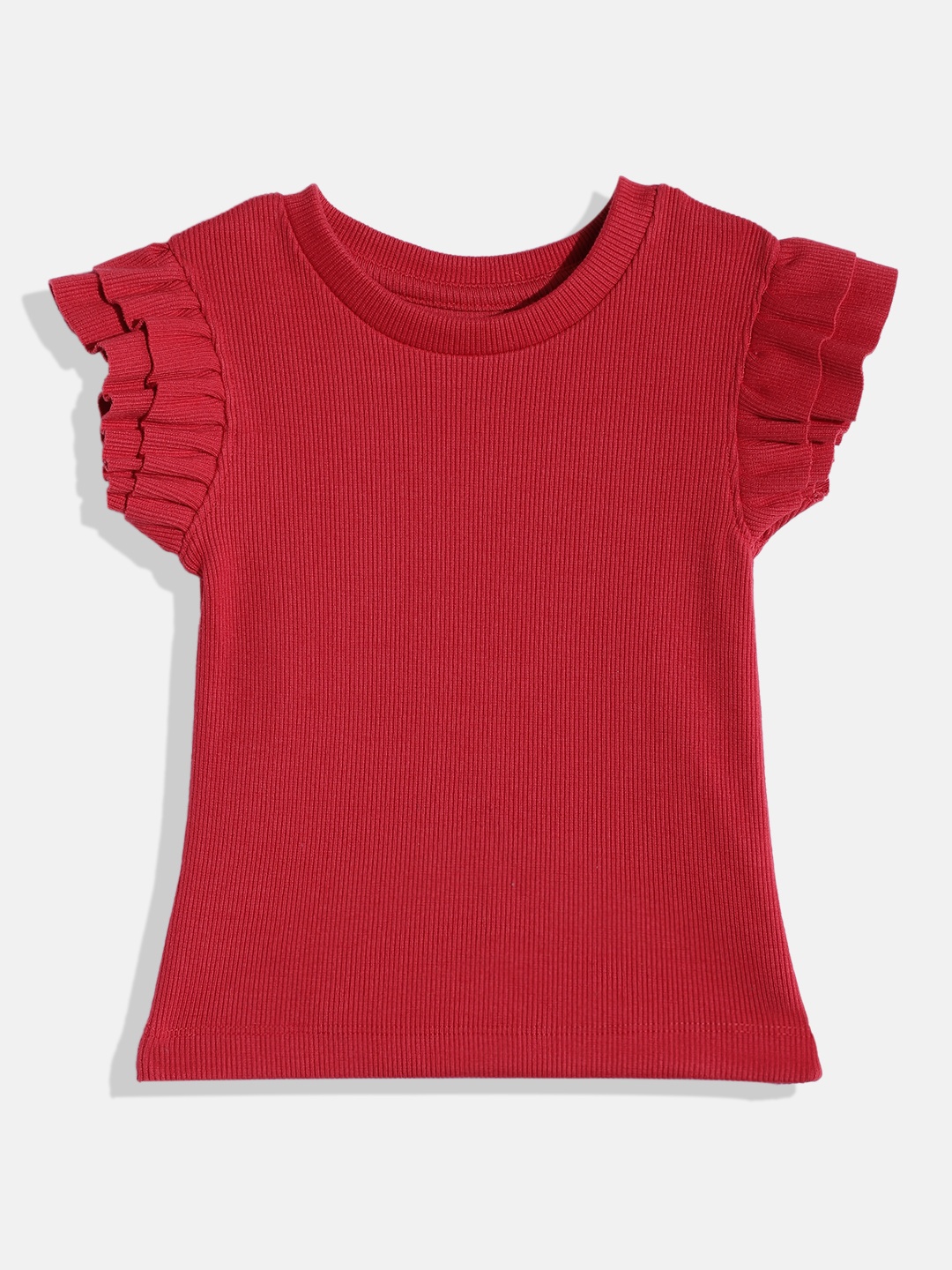 

Eteenz Girls Ribbed Flutter Sleeve Premium Cotton Top, Red