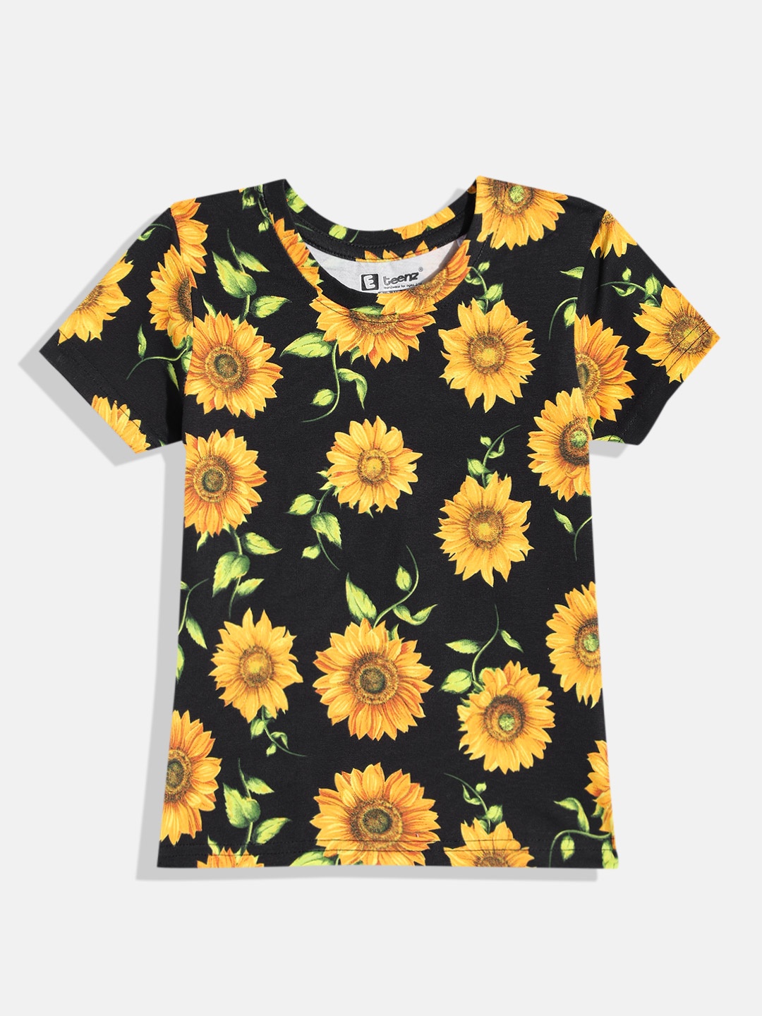 

Eteenz Girls Floral Printed Premium Cotton Round-Neck T-shirt, Black