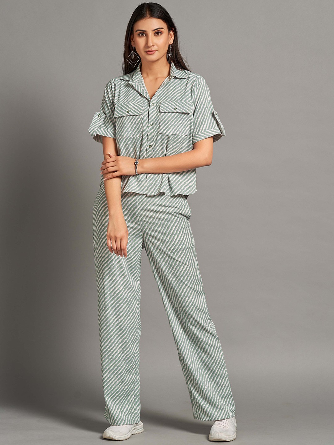 

HOUSE OF MIRA Striped Shirt & Trouser Co-Ords, Green