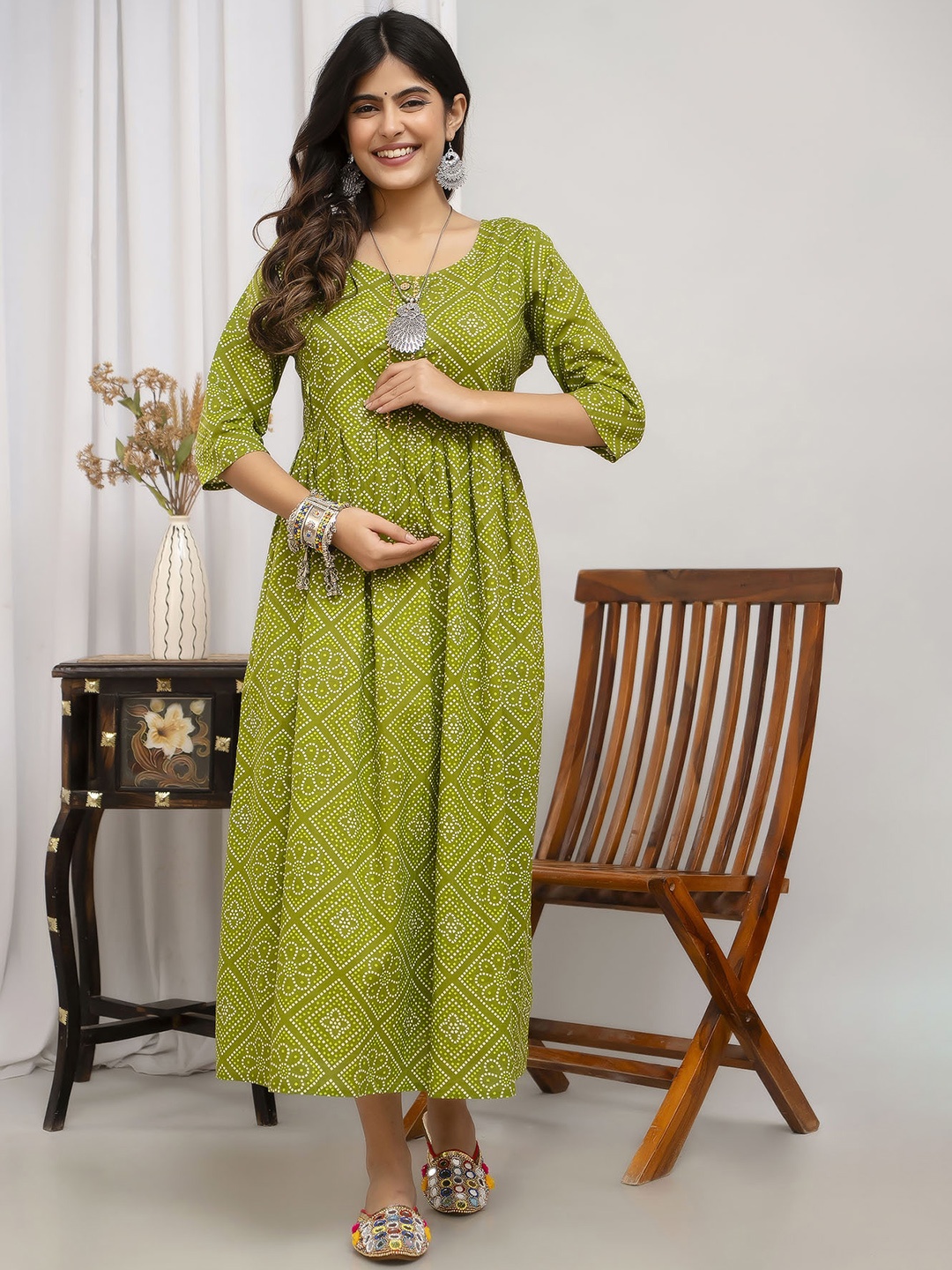 

Henal Bandhani Printed Cotton Maternity Anarkali Kurta, Green