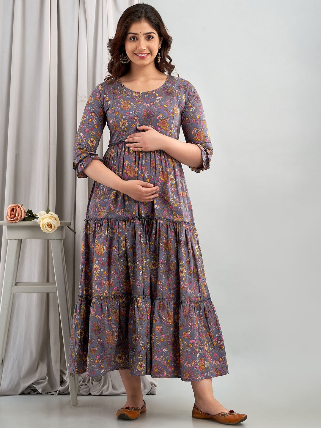 

Henal Floral Printed Maternity Anarkali Kurta, Grey